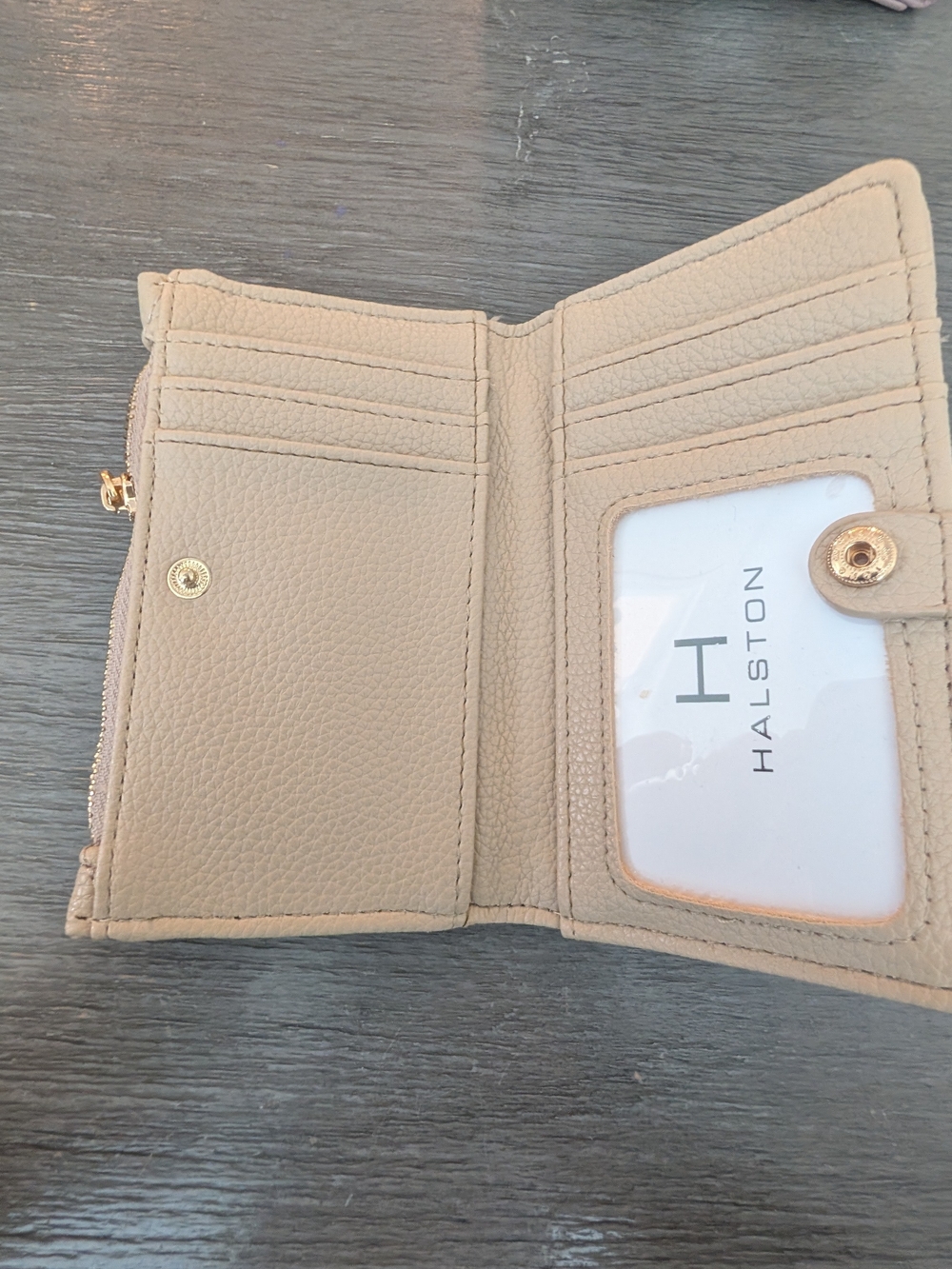 Halston Heritage Beige Pebbled Leather Bi-Fold Wallet with ID Window